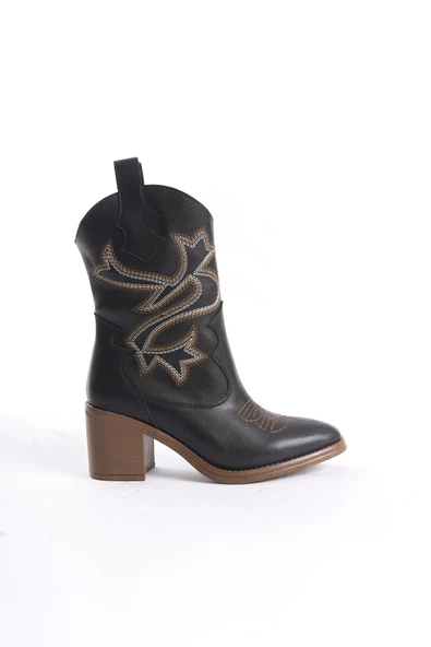 Bazal Siyah Mat Kovboy Bot Topuklu Rahat Nakışlı Western Bot - 4