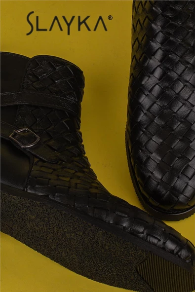 Slayka Siyah Charm El İşlemeli Hakiki Deri Erkek Klasik Bot - Resim 6