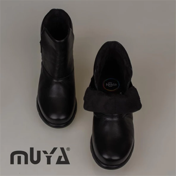 Muya Siyah Hakiki Deri 6 Noktalı Ortopedik Cırtlı Anne Botu - Resim 5