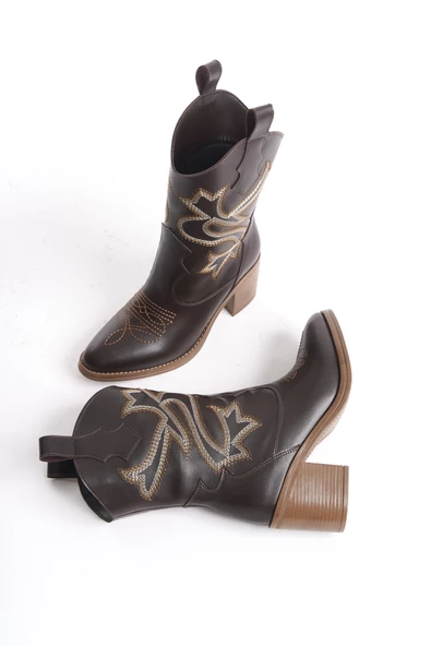 Bazal Acı Kahverengi Kovboy Bot Topuklu Rahat Nakışlı Western Bot - 2