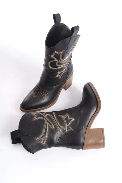 Bazal Siyah Mat Kovboy Bot Topuklu Rahat Nakışlı Western Bot - 2