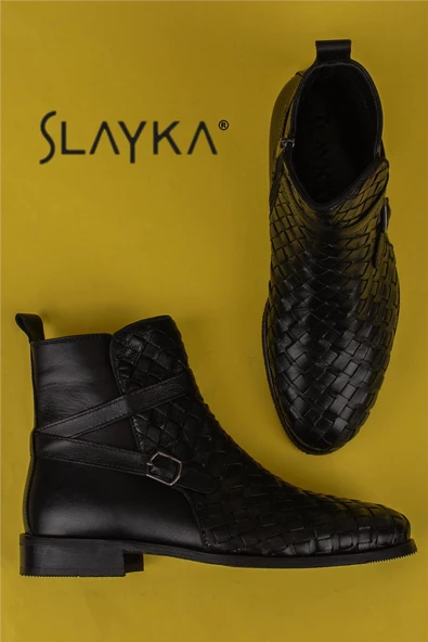 Slayka Siyah Charm El İşlemeli Hakiki Deri Erkek Klasik Bot - Resim 7