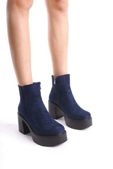 Hancez Lacivert Süet Kalın Platform Topuklu Kadın Bot - Resim 3