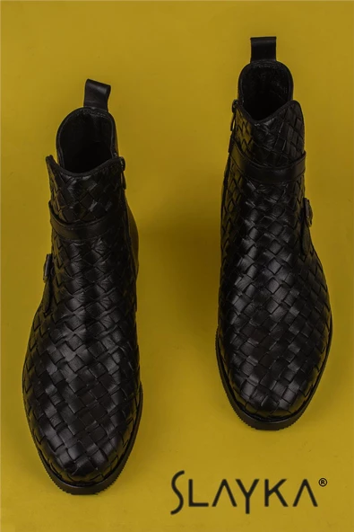 Slayka Siyah Charm El İşlemeli Hakiki Deri Erkek Klasik Bot - Resim 5