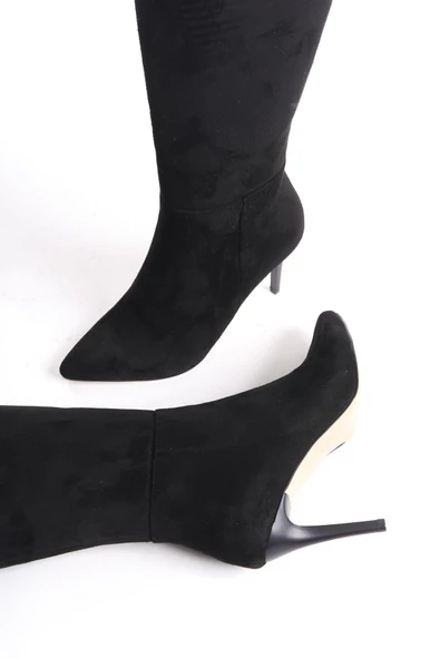 İlibri Siyah Süet İnce Topuklu Klasik Çizme - 2