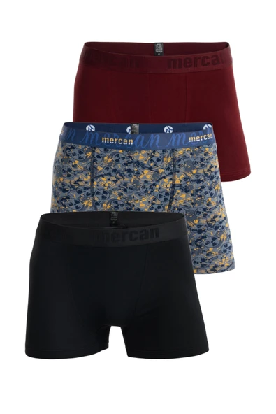 Mercan Erkek Çok Renkli 3'lü Likralı Pamuk Boxer (SİYAH BORDO DANGER)