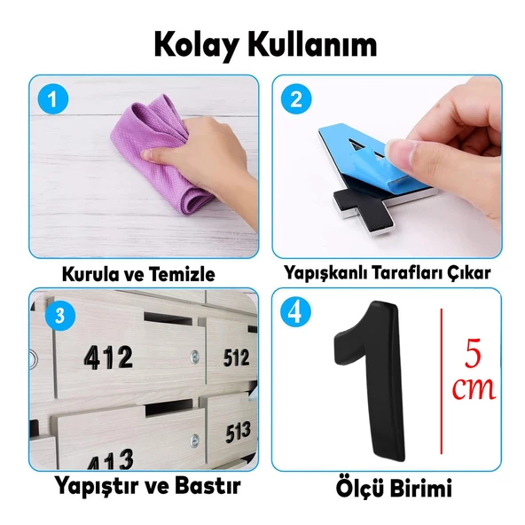 Yapışkanlı Kapı Numarası Küçük Boy 50 mm 5 cm Numara 1 Rakam Bir Sayısı Siyah Renk Numaralar 1 Adet - 2