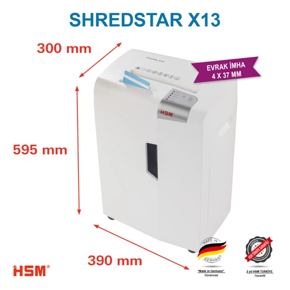 HSM SHREDSTAR X13 Evrak İmha Makinesi / Kağıt Kırpma Makinesi - CD İmha Makinesi - Çapraz/konfeti kesim 4x37 mm - 23lt - 3