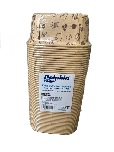 Dolphin Muffin Kare Kağıt Kraft Desenli Sarı Kek Kalıbı Kapsülü Kabı - 50 Adetlik 1 Paket