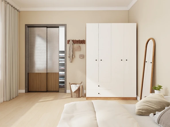 4 Kapaklı 2 Çekmeceli Gardırop MarbellaKiraz/Beyaz Renk