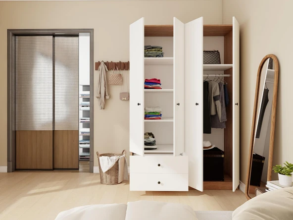 4 Kapaklı 2 Çekmeceli Gardırop MarbellaKiraz/Beyaz Renk - 3