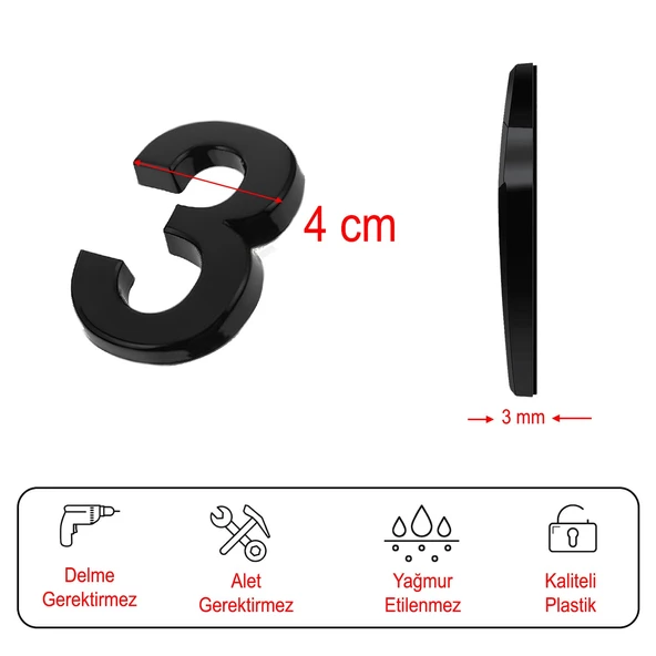 Yapışkanlı Kapı Numarası Küçük Boy 50 mm 5 cm Numara 3 Rakam Üç Sayısı Siyah Renk Numaralar 1 Adet - 3
