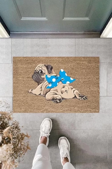 Dijital Baskı Kahverengi Mavi Kurdelili Pug Kapı Paspası K-2107