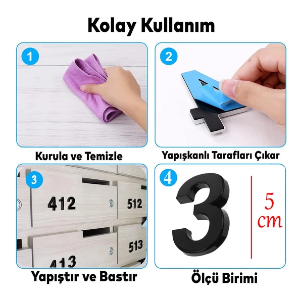 Yapışkanlı Kapı Numarası Küçük Boy 50 mm 5 cm Numara 3 Rakam Üç Sayısı Siyah Renk Numaralar 1 Adet - 2