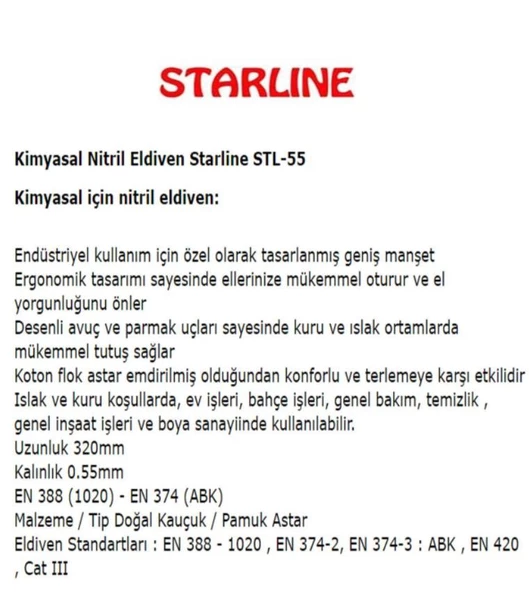 Kimyasal Nitril Eldiven Starline Stl-55 (7-7,5 Numara)1 Çift - Resim 5