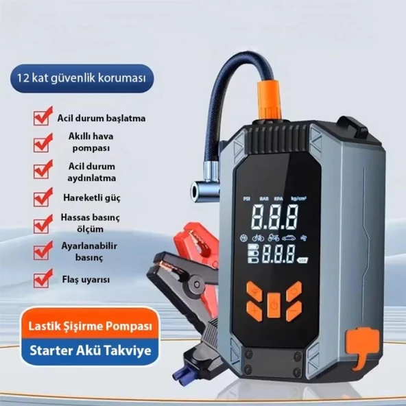 Coofbe Akım Korumalı 2in1 150W 150PSI Araç Lastik Şişirme Pompası Ve Araç Akü Takviye Cihazı Starter - 2