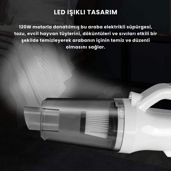 Coofbe 120W 2*2000mAh Şarjlı 12000Pa Güçlü Emişli Oto Süpürge Araç Süpürgesi El Süpürgesi Led Işıklı - 4