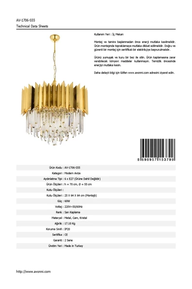 AVONNI AV-1706-S55 Sarı Kaplama Modern Avize, E27, Metal, Cam, Kristal, 55cm - 6