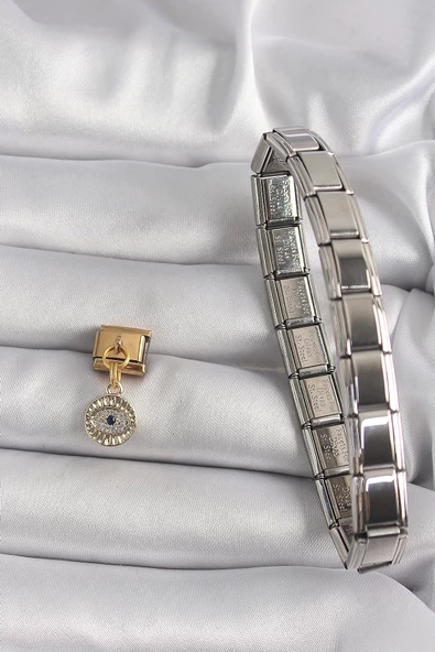 316L Çelik Gold Renk Sallantı Zirkon Taşlı Göz Model Nomination Charm - 2