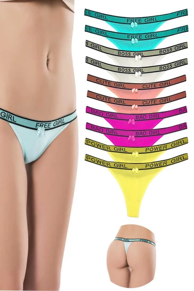 10 Adet Beli Yazılı Pamuk Kadın Tanga String Külot - 5