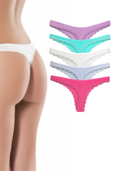 5 Adet Pamuklu Kadın Klasik Dantelli String Tanga - 8