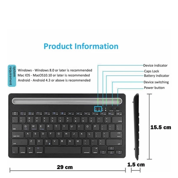General Mobile E-Tab 4 10.1" Uyumlu Kablosuz Bluetooth Şarj Edilebilir Tablet Telefon Standlı Klavye - Gri - 6