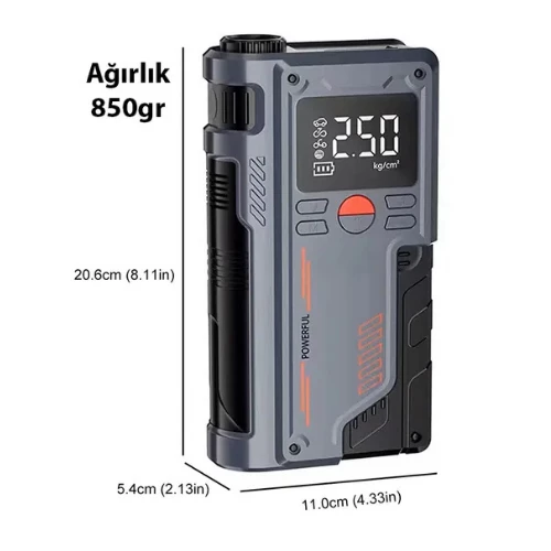 Mefa Ös 150PSI 8000MAH Şarjlı 120W Araç Lastik Şişirme Pompası ve Araç Akü Takviye Cihazı Starter - 5