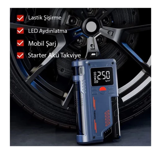 Mefa Ös 150PSI 8000MAH Şarjlı 120W Araç Lastik Şişirme Pompası ve Araç Akü Takviye Cihazı Starter - 2
