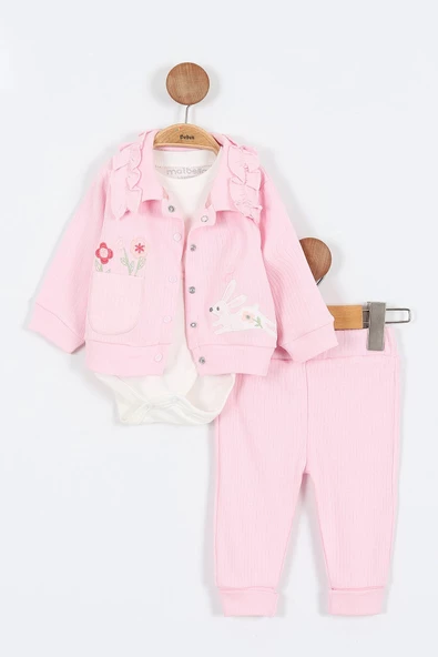 Tavşan Çiçek Desenli Çıtçıtlı Pamuklu Zıbın Uzun Kol Kız Bebek 3'lü Takım Alt Üst Kız Bebek Takım - 3