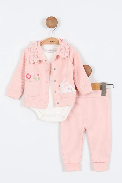 Tavşan Çiçek Desenli Çıtçıtlı Pamuklu Zıbın Uzun Kol Kız Bebek 3'lü Takım Alt Üst Kız Bebek Takım - 4