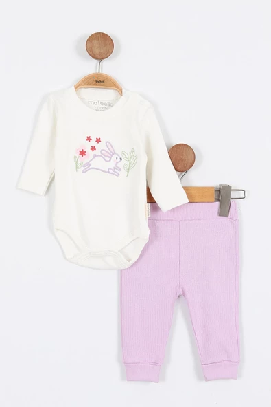Tavşan Çiçek Desenli Çıtçıtlı Pamuklu Zıbın Uzun Kol Kız Bebek 3'lü Takım Alt Üst Kız Bebek Takım - 9