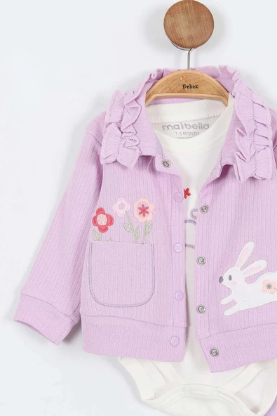 Tavşan Çiçek Desenli Çıtçıtlı Pamuklu Zıbın Uzun Kol Kız Bebek 3'lü Takım Alt Üst Kız Bebek Takım - 8