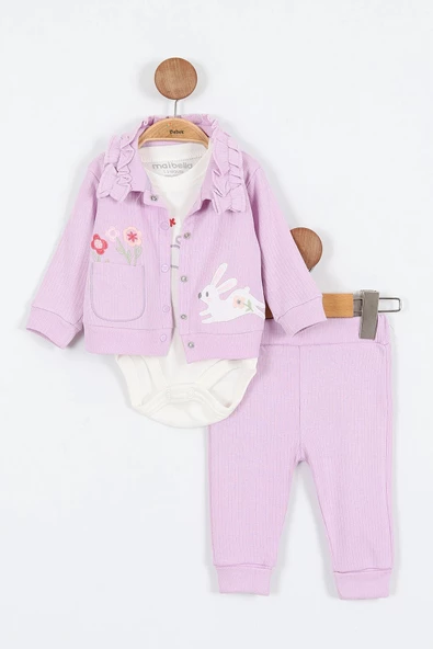 Tavşan Çiçek Desenli Çıtçıtlı Pamuklu Zıbın Uzun Kol Kız Bebek 3'lü Takım Alt Üst Kız Bebek Takım - 2