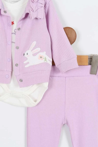 Tavşan Çiçek Desenli Çıtçıtlı Pamuklu Zıbın Uzun Kol Kız Bebek 3'lü Takım Alt Üst Kız Bebek Takım - 10