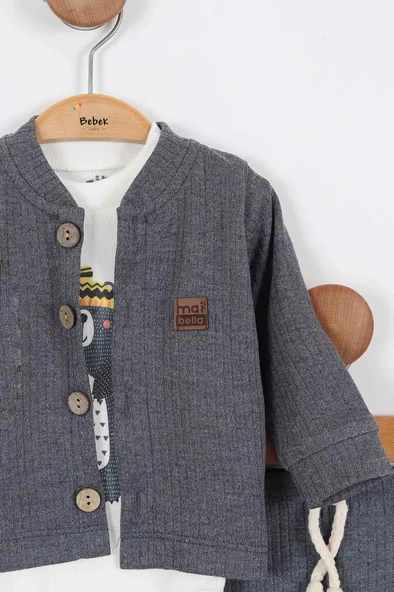 Sevimli Ayı Desenli Düğmeli Pamuklu Zıbın Uzun Kol Erkek Bebek 3'lü Takım Alt Üst Erkek Bebek Takım - 8