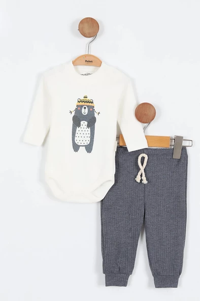 Sevimli Ayı Desenli Düğmeli Pamuklu Zıbın Uzun Kol Erkek Bebek 3'lü Takım Alt Üst Erkek Bebek Takım - 7