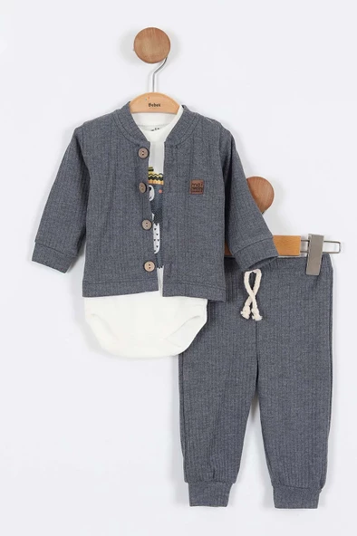 Sevimli Ayı Desenli Düğmeli Pamuklu Zıbın Uzun Kol Erkek Bebek 3'lü Takım Alt Üst Erkek Bebek Takım