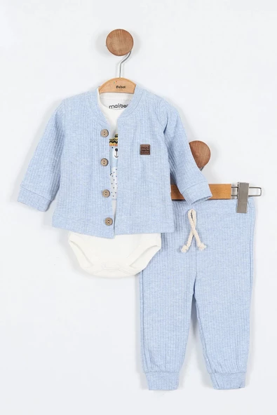 Sevimli Ayı Desenli Düğmeli Pamuklu Zıbın Uzun Kol Erkek Bebek 3'lü Takım Alt Üst Erkek Bebek Takım - 2