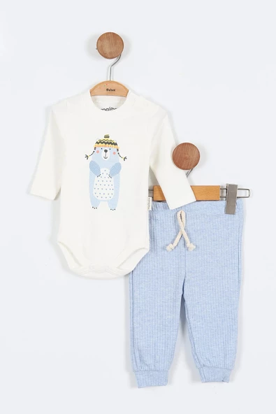 Sevimli Ayı Desenli Düğmeli Pamuklu Zıbın Uzun Kol Erkek Bebek 3'lü Takım Alt Üst Erkek Bebek Takım - 9