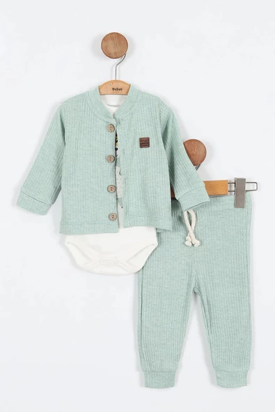 Sevimli Ayı Desenli Düğmeli Pamuklu Zıbın Uzun Kol Erkek Bebek 3'lü Takım Alt Üst Erkek Bebek Takım - 3