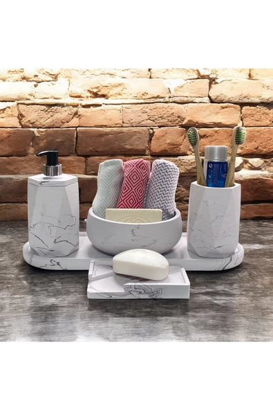 Göz Alıcı Mermer Esintili Beton Banyo Aksesuar Seti (5 Parça) - 3