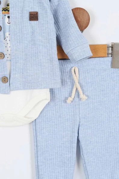 Sevimli Ayı Desenli Düğmeli Pamuklu Zıbın Uzun Kol Erkek Bebek 3'lü Takım Alt Üst Erkek Bebek Takım - 11