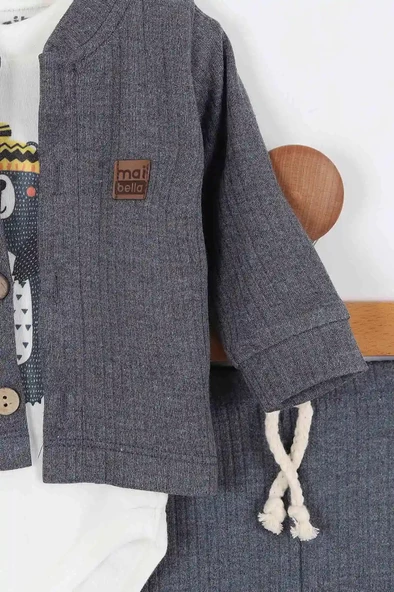 Sevimli Ayı Desenli Düğmeli Pamuklu Zıbın Uzun Kol Erkek Bebek 3'lü Takım Alt Üst Erkek Bebek Takım - 6