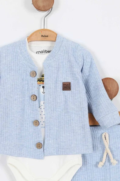 Sevimli Ayı Desenli Düğmeli Pamuklu Zıbın Uzun Kol Erkek Bebek 3'lü Takım Alt Üst Erkek Bebek Takım - 12