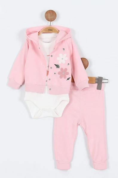 Çiçek Desenli Çıtçıtlı Kapşonlu Pamuklu Zıbın Uzun Kol Kız Bebek 3'lü Takım Alt Üst Kız Bebek Takım - 3
