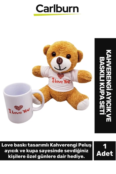 Özel Tasarım Konsept Hediyelik Sevi Seviyorum Kahverengi Oyuncak Ayıcık I Love You Baskılı Kupa Seti