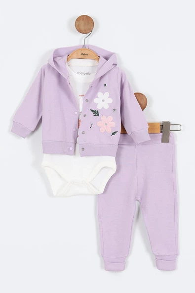 Çiçek Desenli Çıtçıtlı Kapşonlu Pamuklu Zıbın Uzun Kol Kız Bebek 3'lü Takım Alt Üst Kız Bebek Takım - 2