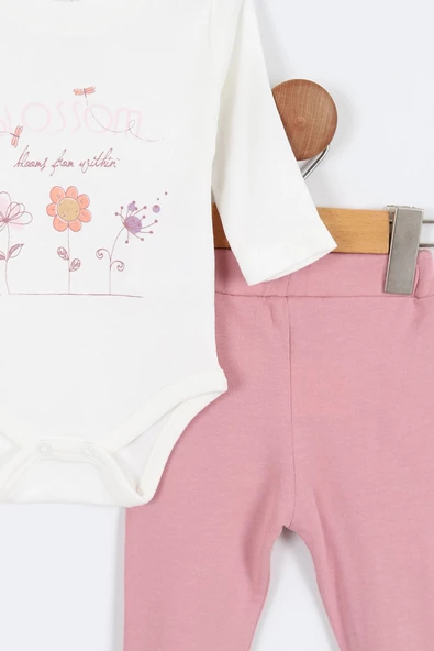 Çiçek Desenli Çıtçıtlı Kapşonlu Pamuklu Zıbın Uzun Kol Kız Bebek 3'lü Takım Alt Üst Kız Bebek Takım - 9