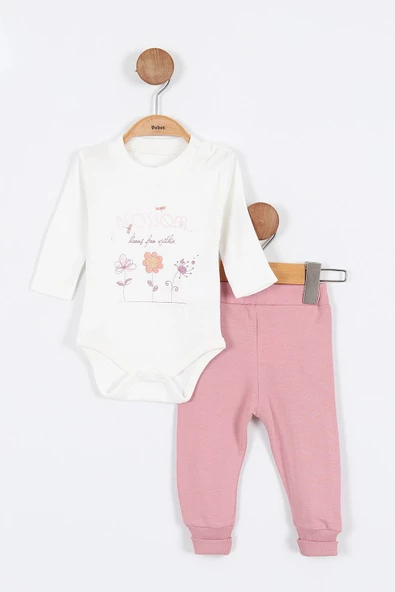 Çiçek Desenli Çıtçıtlı Kapşonlu Pamuklu Zıbın Uzun Kol Kız Bebek 3'lü Takım Alt Üst Kız Bebek Takım - 10