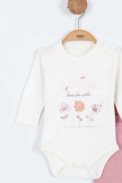 Çiçek Desenli Çıtçıtlı Kapşonlu Pamuklu Zıbın Uzun Kol Kız Bebek 3'lü Takım Alt Üst Kız Bebek Takım - 6